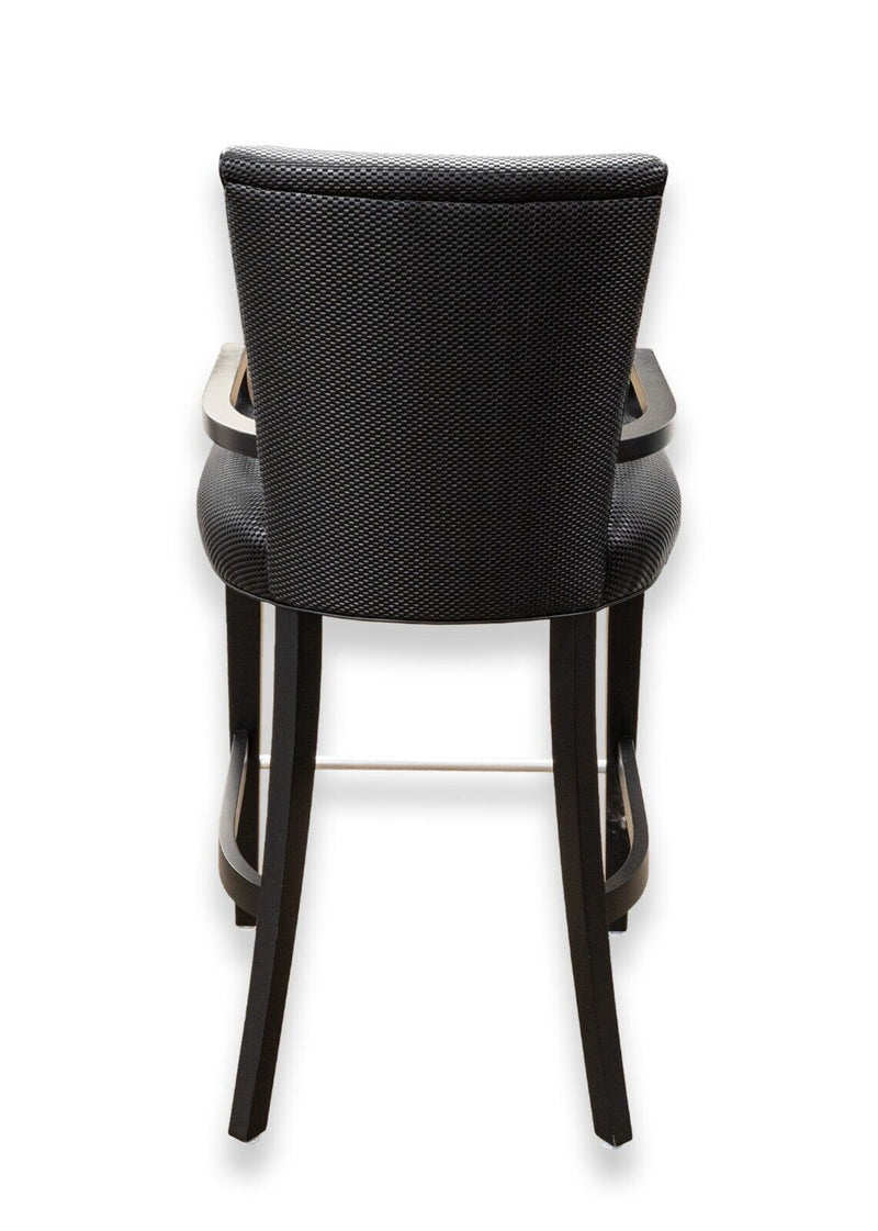 Contemporary Modern Pair of Woven Black Leather and Wood Bar Height Barstools