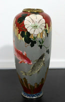 Vintage Signed Red and Gray Enameled Cloisonne Vase with Koi Fish