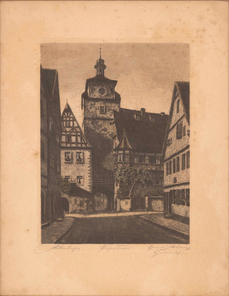 Ernst Geissendorfer Rothenberg Signed Antique Vintage Colored Etching on Paper