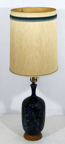 Mid Century Modern Blue Ceramic Fantoni Style Table Lamp w Original Shade Finial