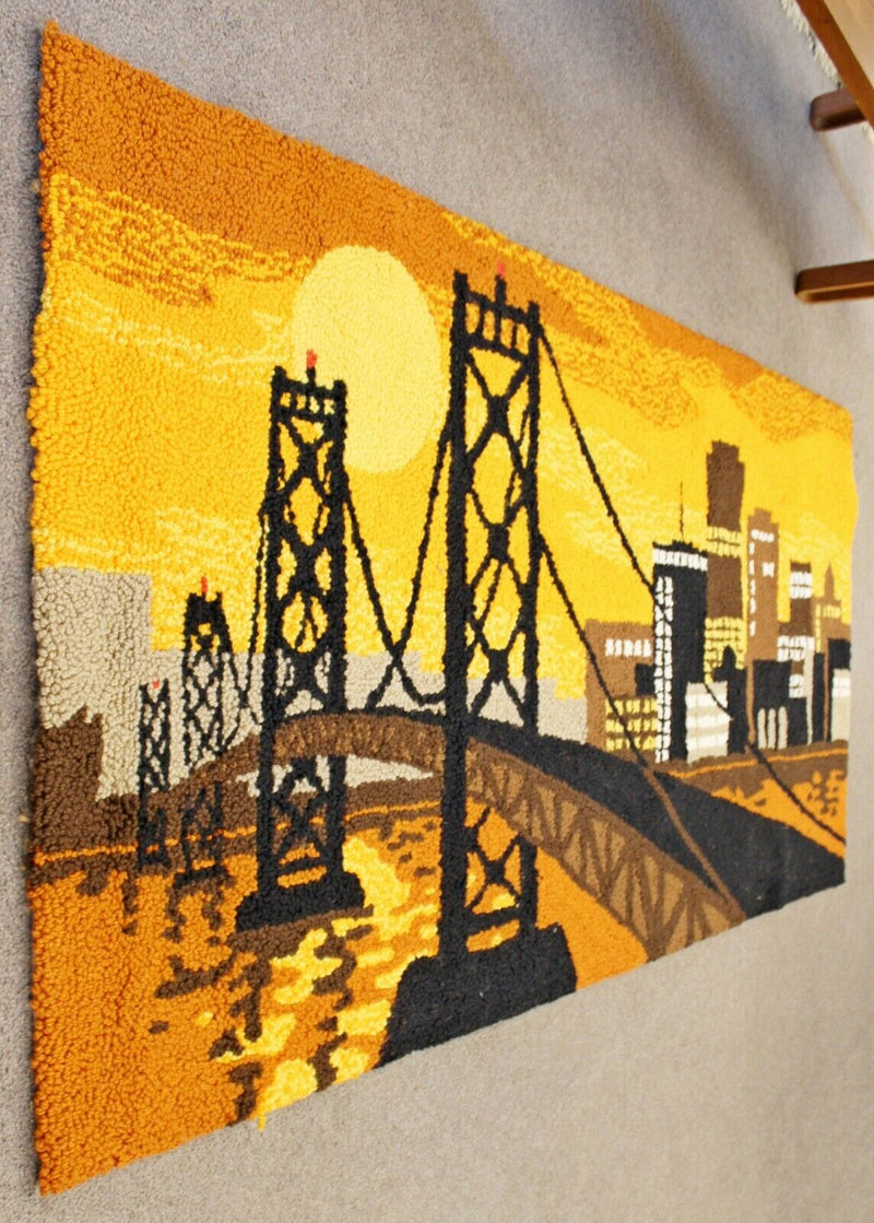 Mid Century Modern Hand Hooked Wool Fiber Wall Art Rug Bay Bridge Orange 1960s