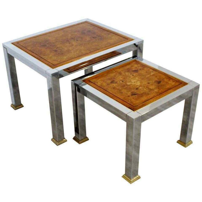 Mid Century Modern Pair of Nesting Stacked Tables Burl Wood Chrome Brass 1960s