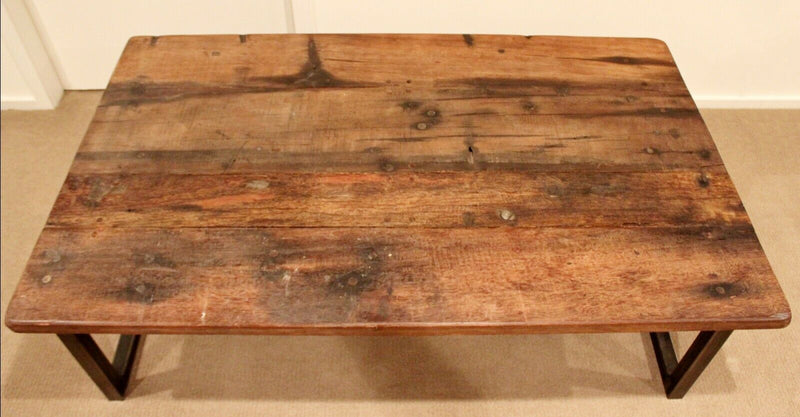 Contemporary Modernist Industrial Low Rectangular Drift Wood Metal Coffee Table